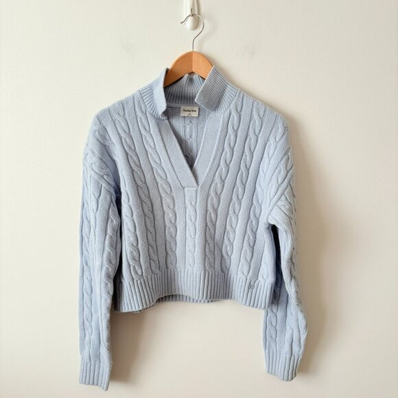 Aritzia Sunday Best Wool Lottie V-Neck Cable Knit Polo Sweater Light Blue XS - Picture 5 of 8